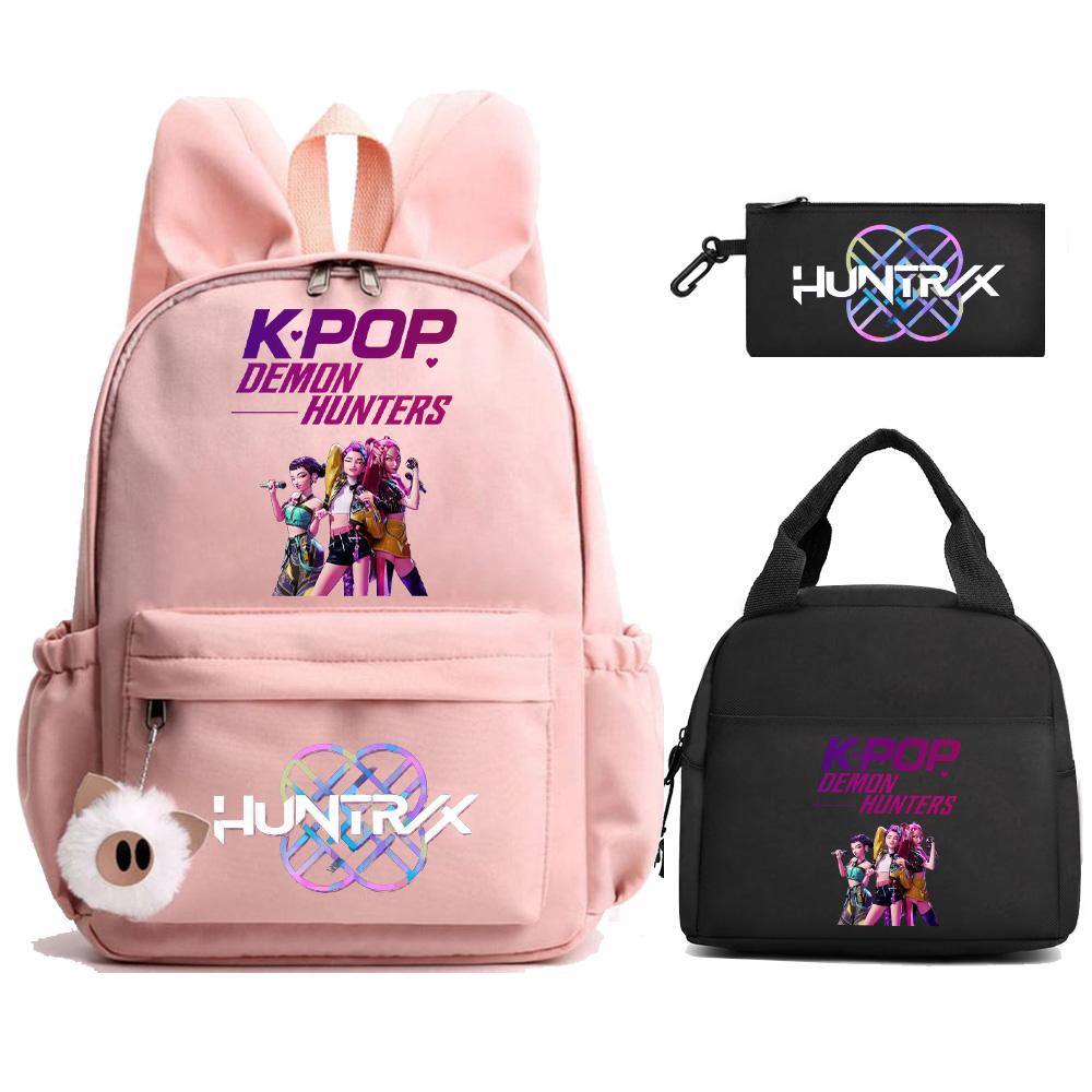 3 st/set Kpop Demon Hunters Tryckt Ryggsäck med Matlåda Pennfodral för Tonåring Flicka Pojke Tillbaka till Skolan Skolväska Stor Kapacitet Resväska