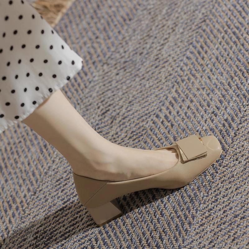 Leather thick heel single shoes women's new versatile temperament medium heel shallow mouth mother shoes French professional high heels