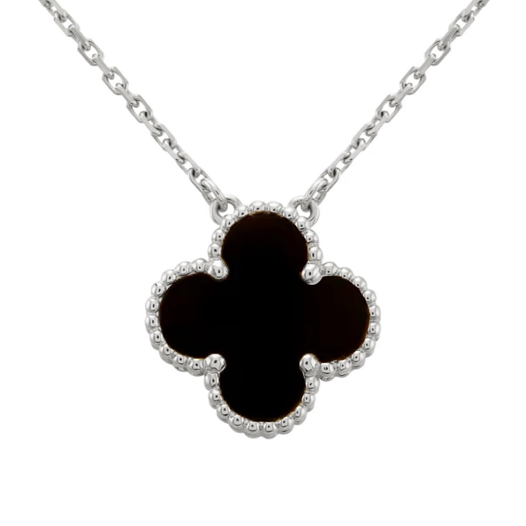 

Clover 18K White 18K Engraved Necklace, Gold, Women s, Gold, Four-Leaf Clover, Gift, (Black)