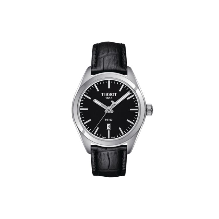 Tissot Men's Black/Silver Pr100 Series Quartz Movet Swiss Dial Leather Strap Calendar Watch Wo Watches T101.210.16.051.00