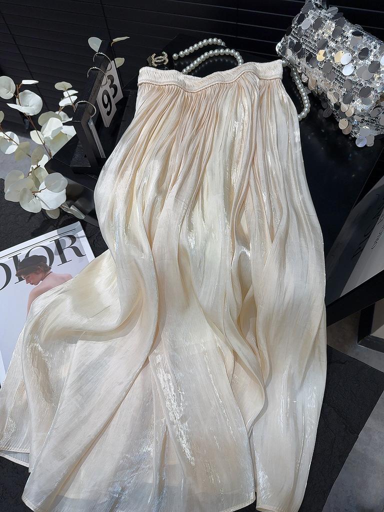 Pearlescent luster yarn pleated pleated skirt summer women medium and long hanging high waist a word 2025 new