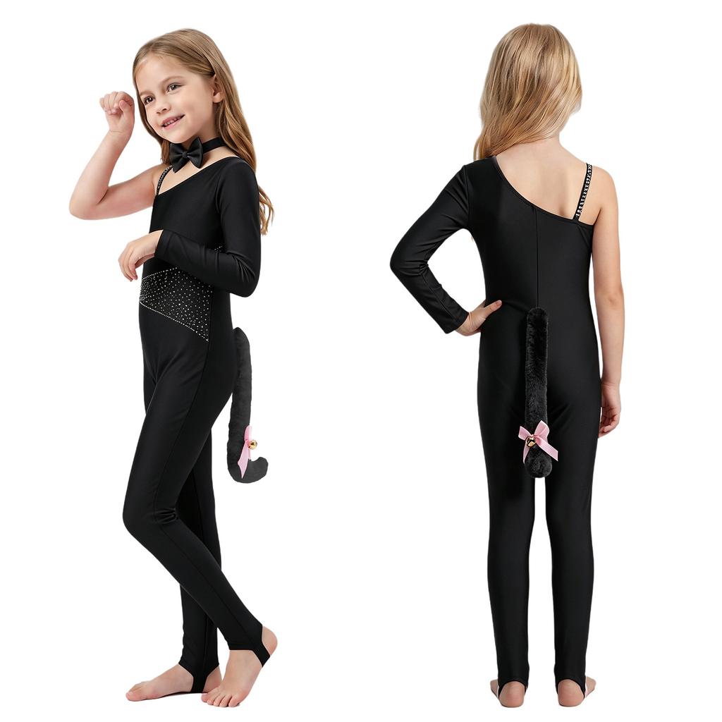Girls Cat Cosplay Leotard Jumpsuit Sparkly Rhinestones Asymmetrical Sleeves with Tail Long Pants and Bowtie for Halloween Costume Party