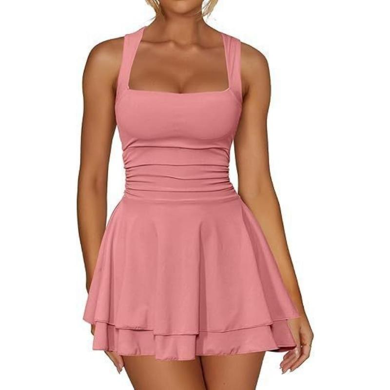 Fashion Sexy Square Collar Slim Waist Sleeveless Short Dress Women Elegant Solid Color Pleated A-line Party Mini Short Dress Casual Simple Clothing