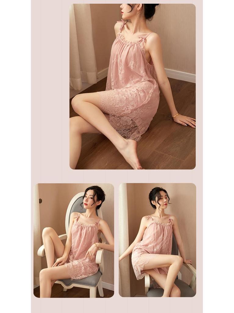 Camisón de encaje de tirantes de verano para mujer - Lencería y pijamas sexys con atadura