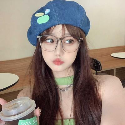 Sweet Button Denim Beret Spring and Autumn New Versatile Hat Women's Casual Retro Star Anise Painter Hat Tide
