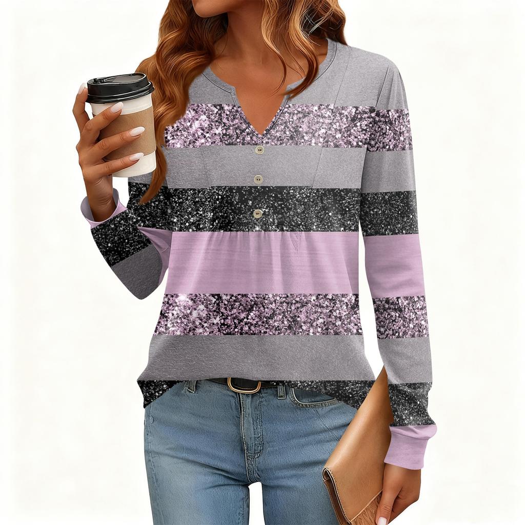 Women's Relaxed,Fit V,Neck Vintage Color,Blocked Floral Print Long,Sleeve Pullover Tee