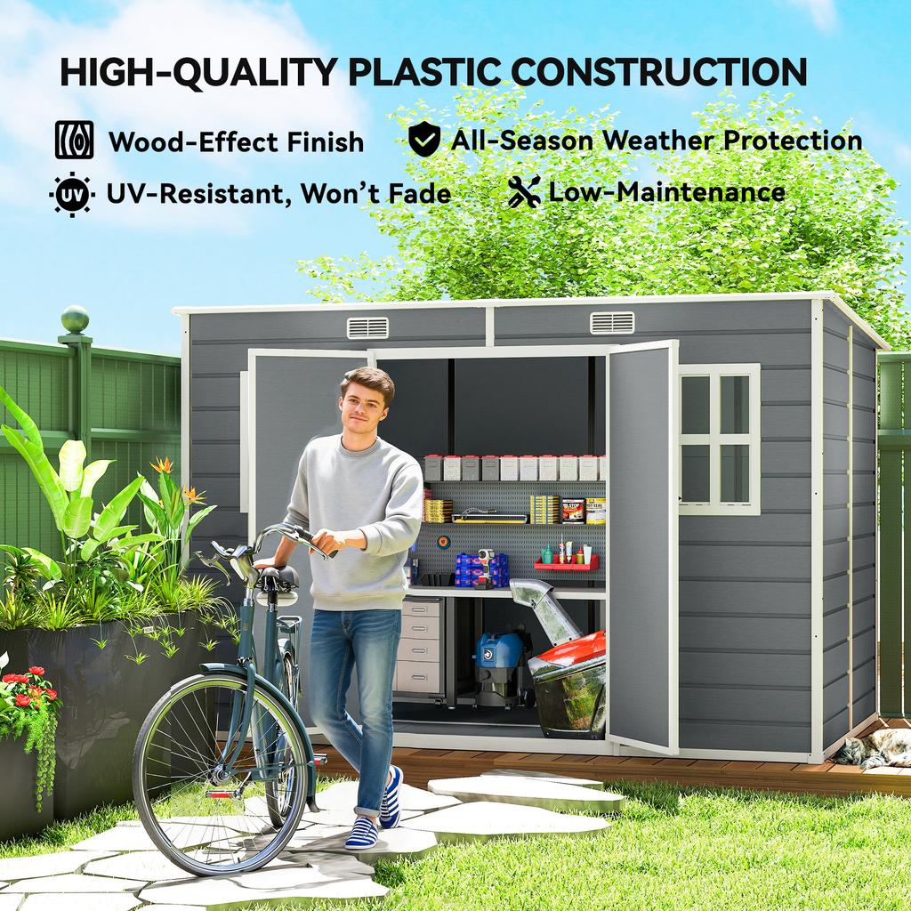10 X 6 Ft Resin Garden Shed, Outdoor Storage Shed with Floor, Windows, Lockable Doors and Vents, Grey