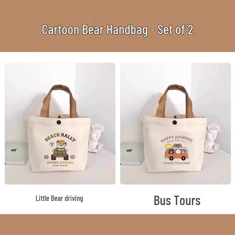 Versatile Women's Printed Bear Canvas Tote - Student & Work Handbag/Lunch Bag