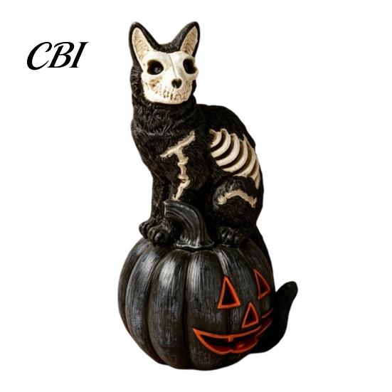 Compact Halloween Desktop Decor Skull Black Cat Pumpkin Figurine, Gothic Statue with Hollow Ribs, Tabletop Figurine Spooky Decoration for Showcase