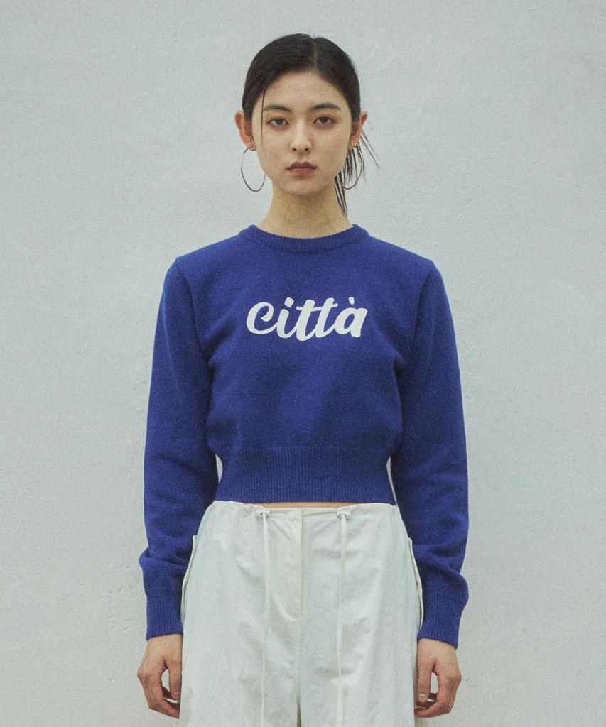 CITTA Chain Stitch Logo Round Semi-Crop Knit_Ctk202(Blue)