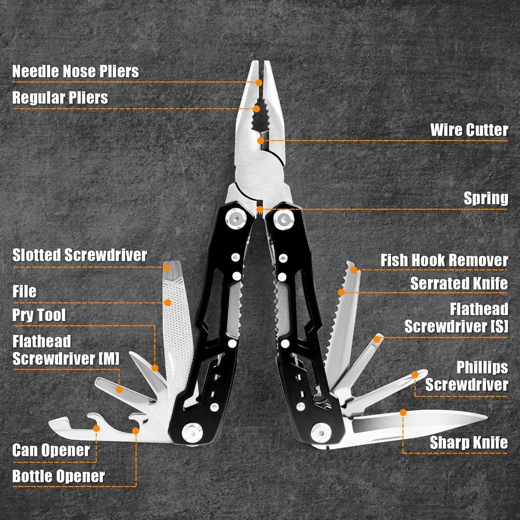 14 in 1 Multitool, Multitool Pliers Multi Tool for Men, Stainless Steel Multi Tool Pocket, Pliers, Bottle Opener, Screwdriver with Nylon Sheath -