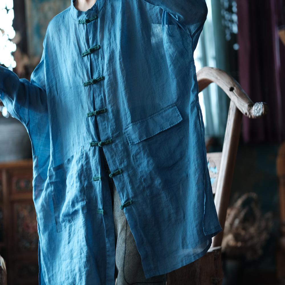 Johnature Women Vintage Long Shirts Stand Long Sleeve Button Patchwork Pockets Spring Chinese Style Blouses