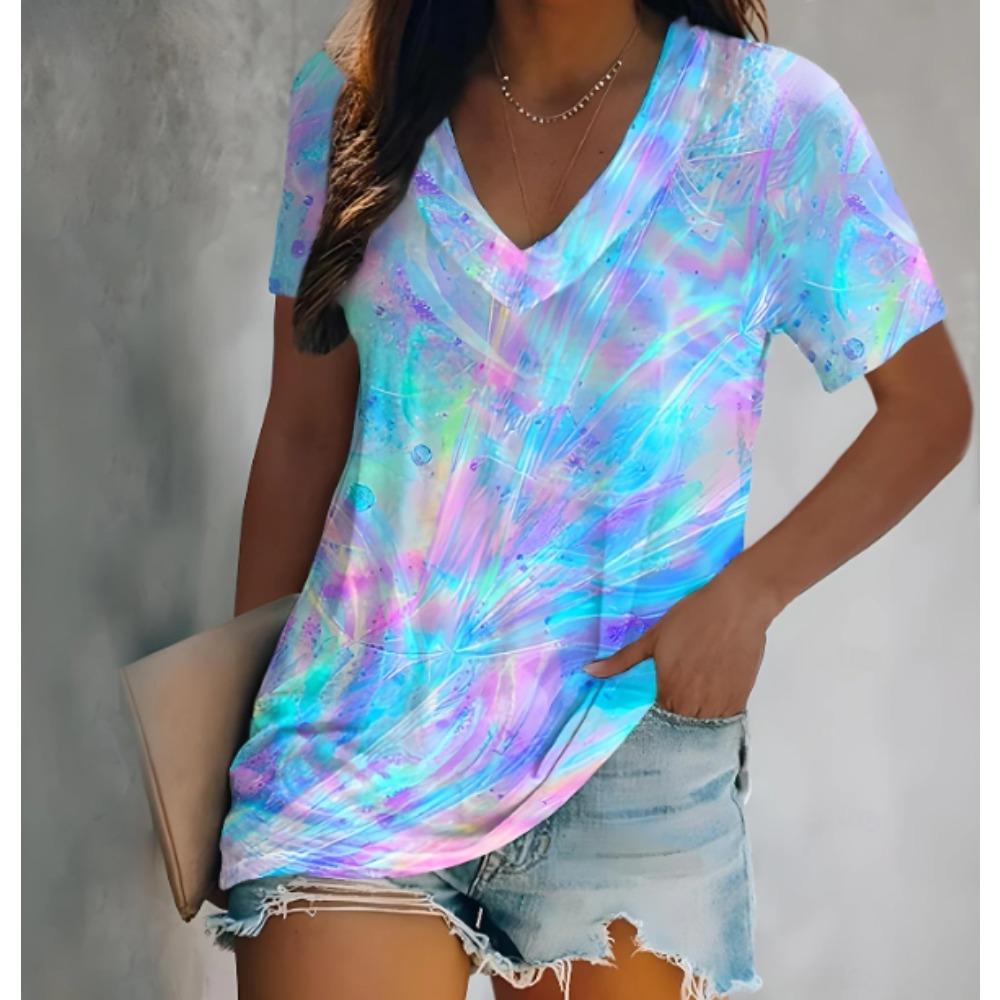 Women Summer T Shirt Abstract Pattern Print Short Sleeve Tees Casual Printed Tops