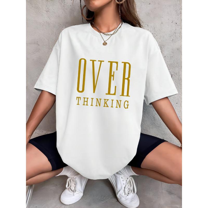 Plus Over Thinking Letter Print Women Cotton Short Sleeve Breathable O-Neck Tops All-math Casual T-Shirts Female Tee Clothing
