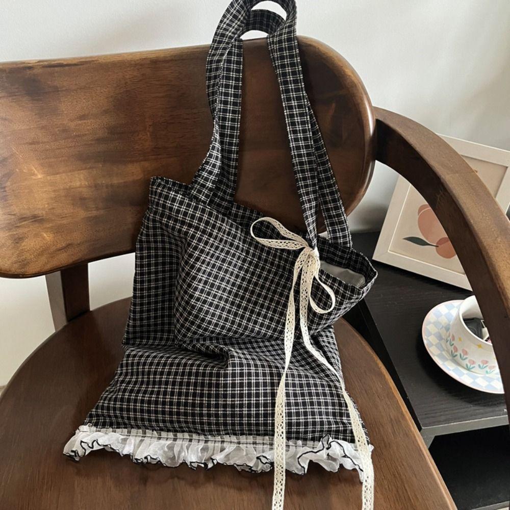 Polka Dot Ruffle Lace Canvas Bag Large Capacity Plaid Shoulder Bag Bow Shoulder Bag  Shopping