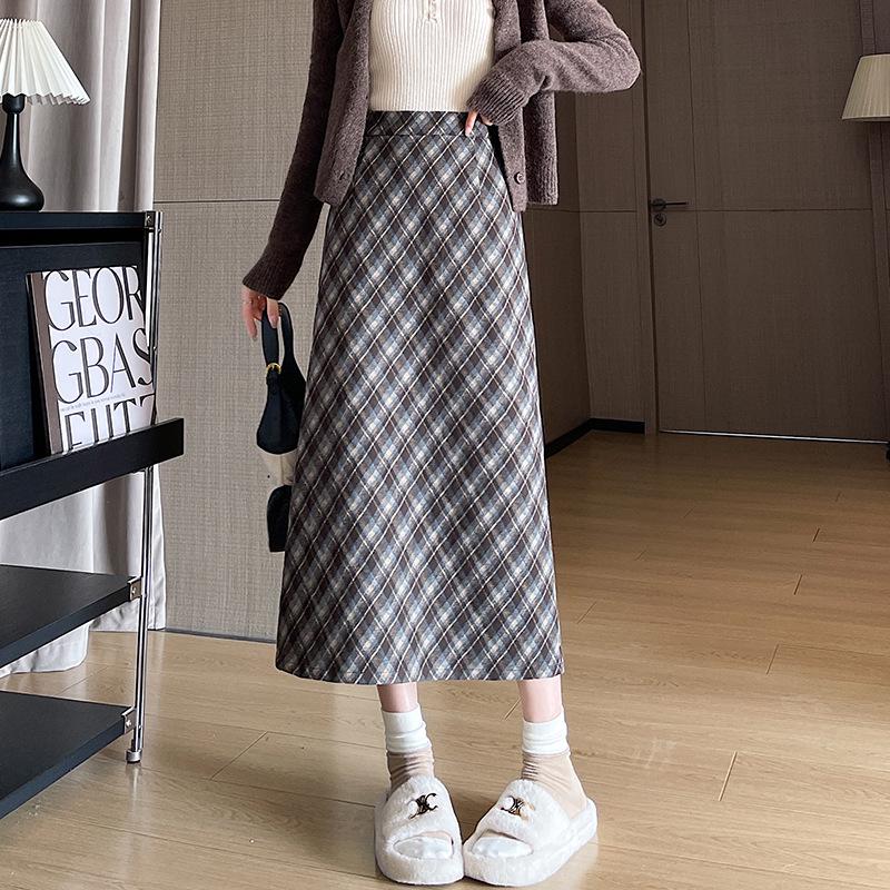 Ankala Red Vintage Plaid Wool A-Line Slim Mid-Length Skirt for Women - Autumn & Winter Medium