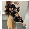 Retro Women's Printed Shirt Slim-fit Lantern Sleeve Floral Shirt Collared Chiffon Shirt Spring