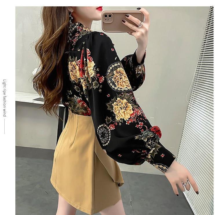 Retro Women's Printed Shirt Slim-fit Lantern Sleeve Floral Shirt Collared Chiffon Shirt Spring