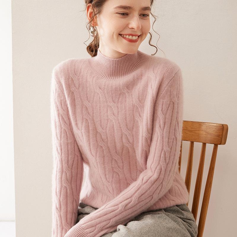 Women's Cashmere Cable Knit Sweater: Autumn/Winter Long Sleeve, Loose Fit, Half-High Neck, Thick and Warm Base Layer.