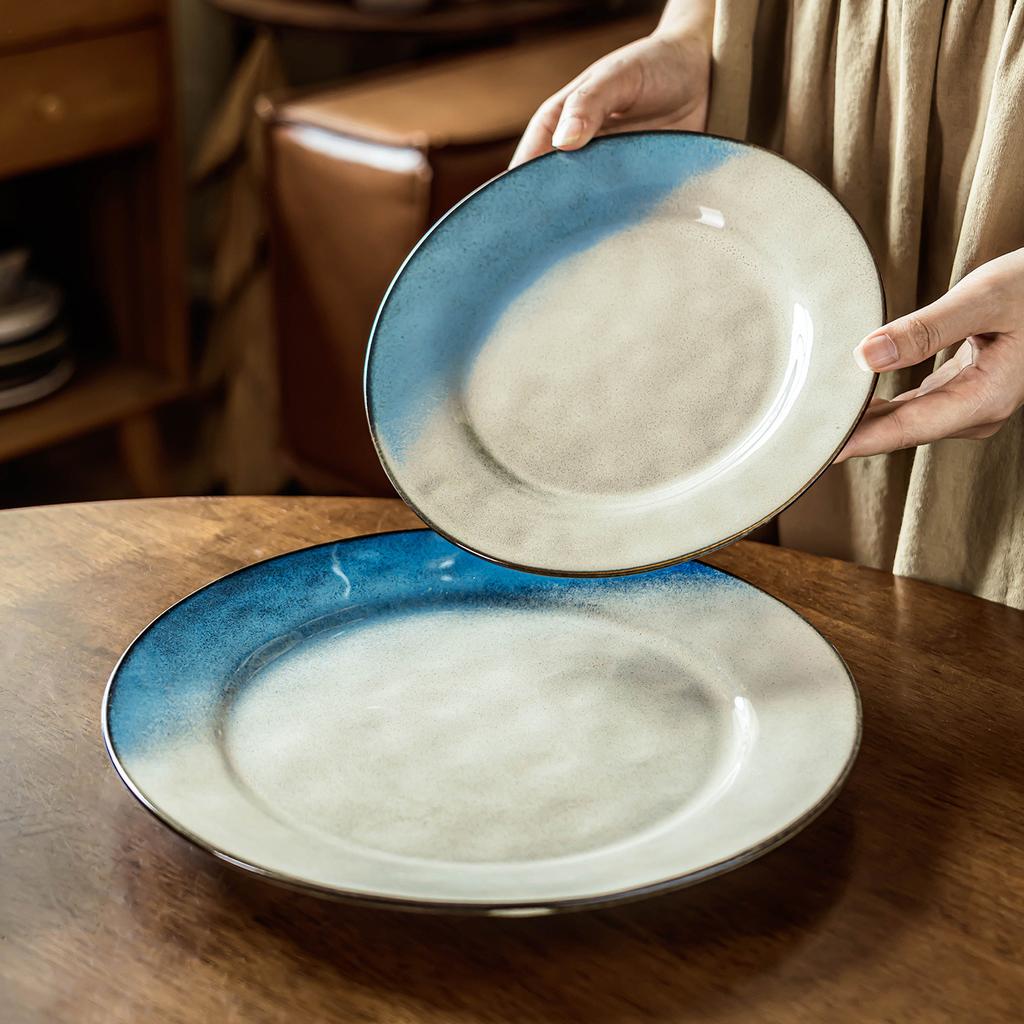 Creative Color Matching Plate Ceramic Plate Light Plate Tableware Round Large Plate Retro Style Household Dish Dessert Plate