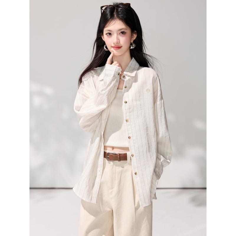 2026 Spring Women's Striped Cotton Linen Sun Protection Shirt - Loose, Long Sleeve, Mid-Length Outerwear Top