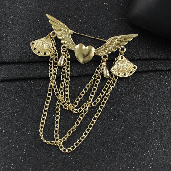 Retro Angel Wing Heart Shirt Suit Collar Tip Lapel Brooch Pin with Chain Tassel