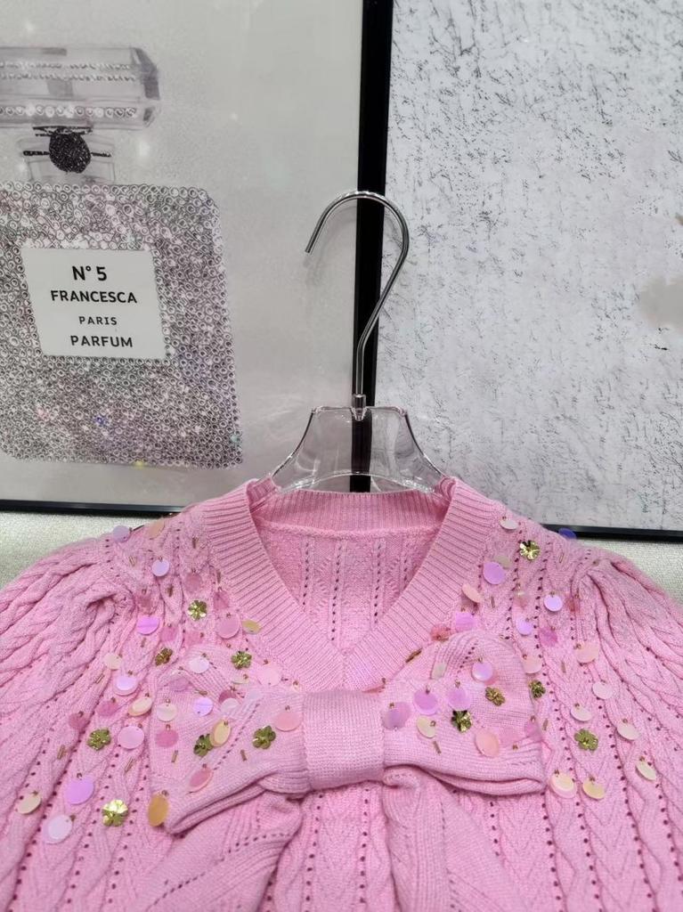 Premium Pink Sequin Bow V-Neck Knit Top – Long Sleeve, Versatile, Youthful Spring Style
