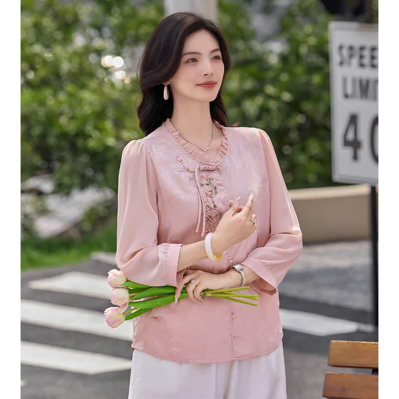 Elegante Blusa in Chiffon Ricamata in Stile Cinese