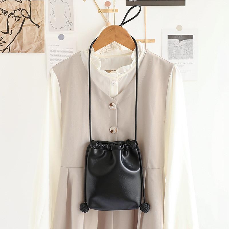 Ielgy Korean Version All-Match Mini Drawstring Bucket Bag Retro Texture Soft Leather Shopping Mobile Phone Bag Cute Shoulder Crossbody