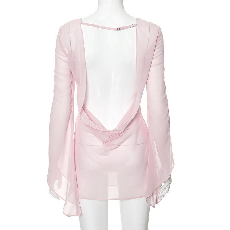 

European and American Pink New Loose Lazy Bikini cover-up Sexy See-through Swing Collar Long sleeve Backless Short Dress Women Light pink L