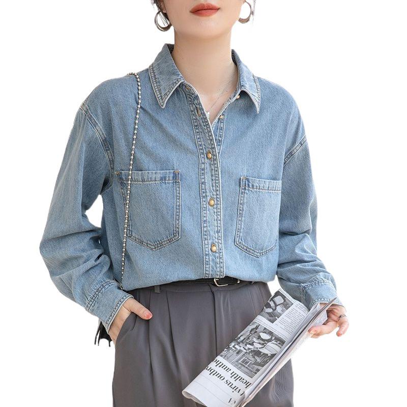 Petite Retro Dunkelblaues Denim-Langarmhemd zum Lagenlook - Herbst- & Winter-Pendlerstil