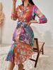 Autumn and winter popular women's clothing straps printed polo collar temperament medium and long dress