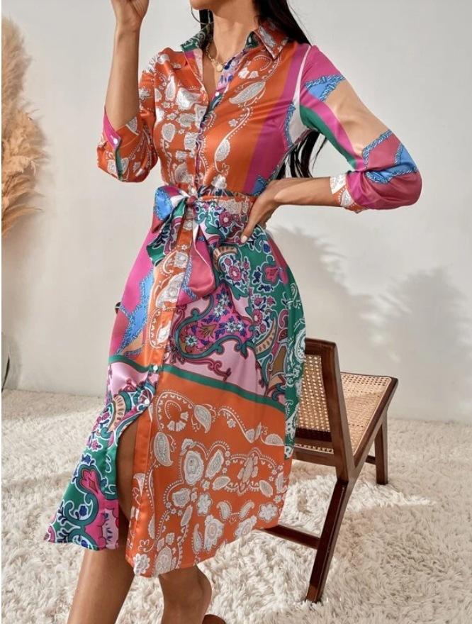 Autumn and winter popular women's clothing straps printed polo collar temperament medium and long dress