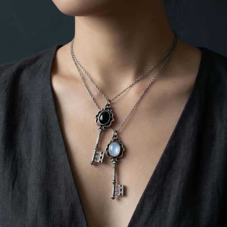 Dark Academy Key Pendant Necklace With Moonstone And Obsidian For Gothic Women