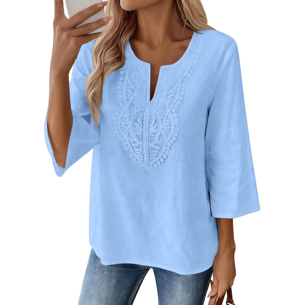Blusa Casual da Donna con Maniche a 3/4 Ricamata, Vestibilità Larga, Tunica con Scollo a V Spaccato per l'Uso Quotidiano, Stile Comodo