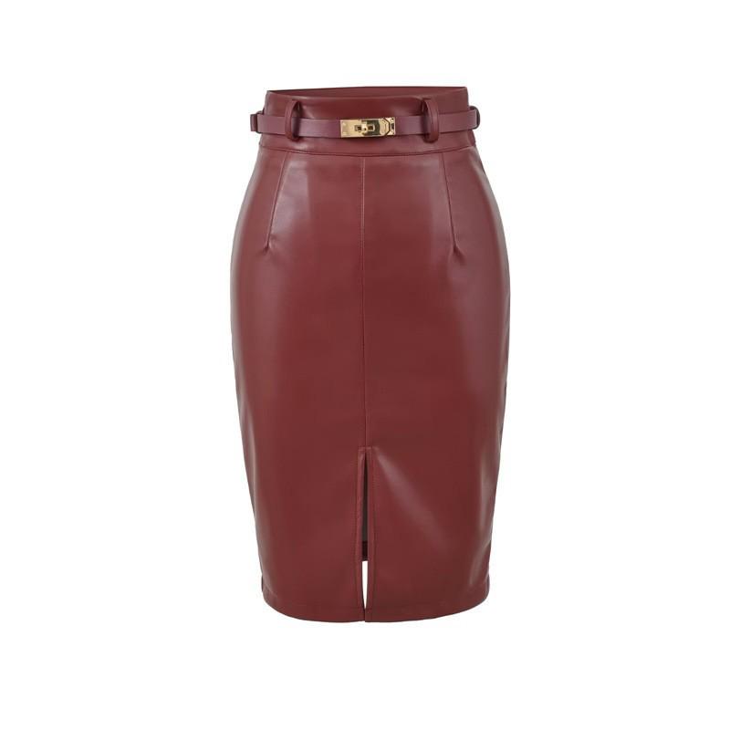 Elegante Damen Midi-Lederrock aus schwarzem PU-Leder mit Gürtel - Hoher Bund, Schlankmachender Schnitt, Schlitz vorne, Hüftbetontes Design, Perfekt für Herbst/Winter