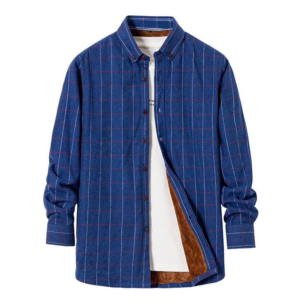 Fleece Lined Lapel Shirts For Men Winter Warm Loose Button Down Stylish Long Sleeve Cotton Plaid Shirt Jackets