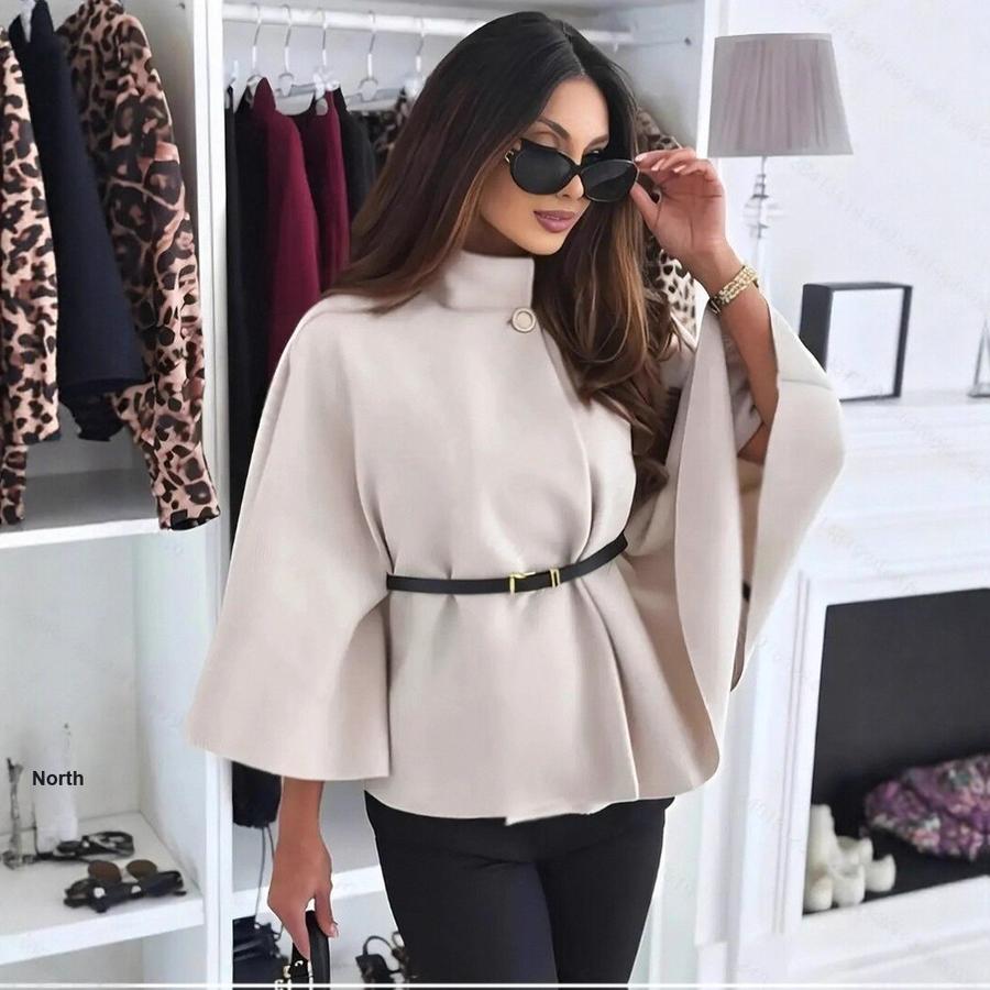 Moda Invernale Donna Stile Elegante Colore Puro Cintura con Cintura Cappotto Mantella in Lana