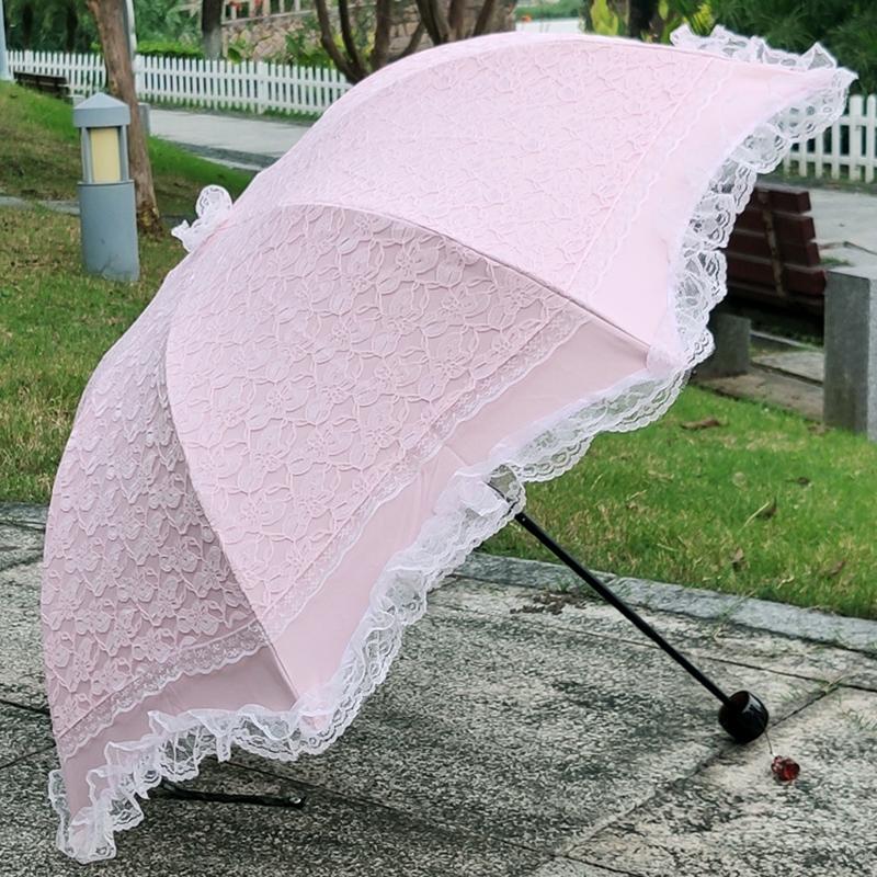 Sunshade Women Lace Umbrella Double Layer Three-fold Windproof Female Princess Parasol Cute Sunscreen Anti UV Wedding Paraguas