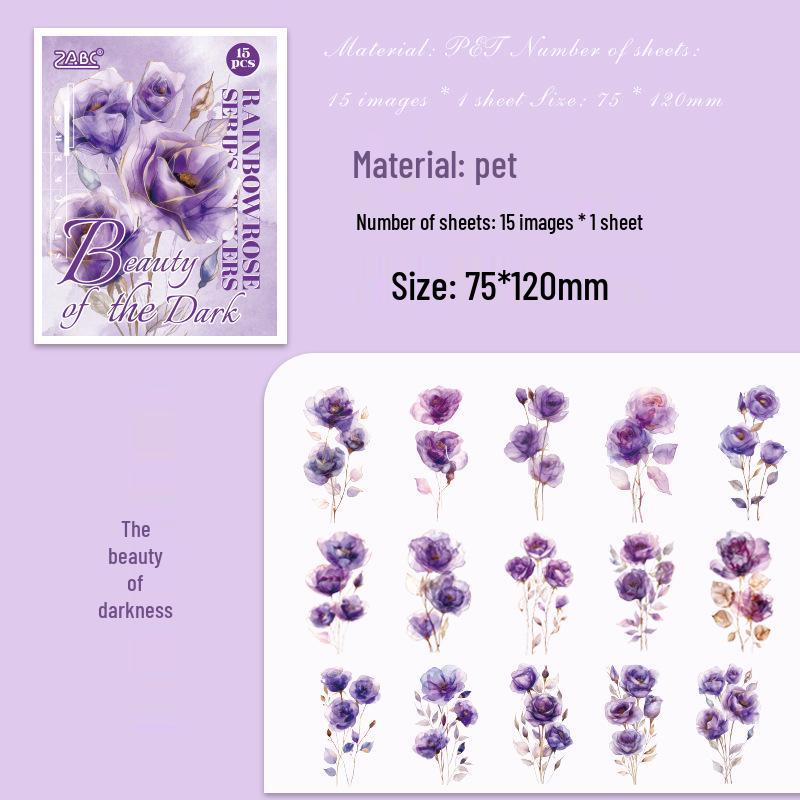 Yuezhen Rainbow Rose Large Journal Waterproof Vintage Floral PET Sticker Pack