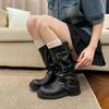 ~ Trendy Belt Buckle Stack Boots Round Head Pleated Medium Tube Knight Boots Women's Autumn Knight Boots