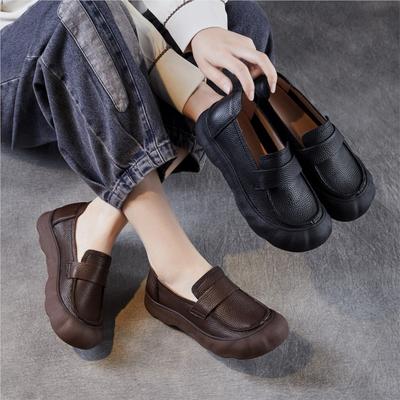 Round Toe Loafers Genuine Leather Thick Soled Women's Shoes Retro Versatile Flat Shoes
