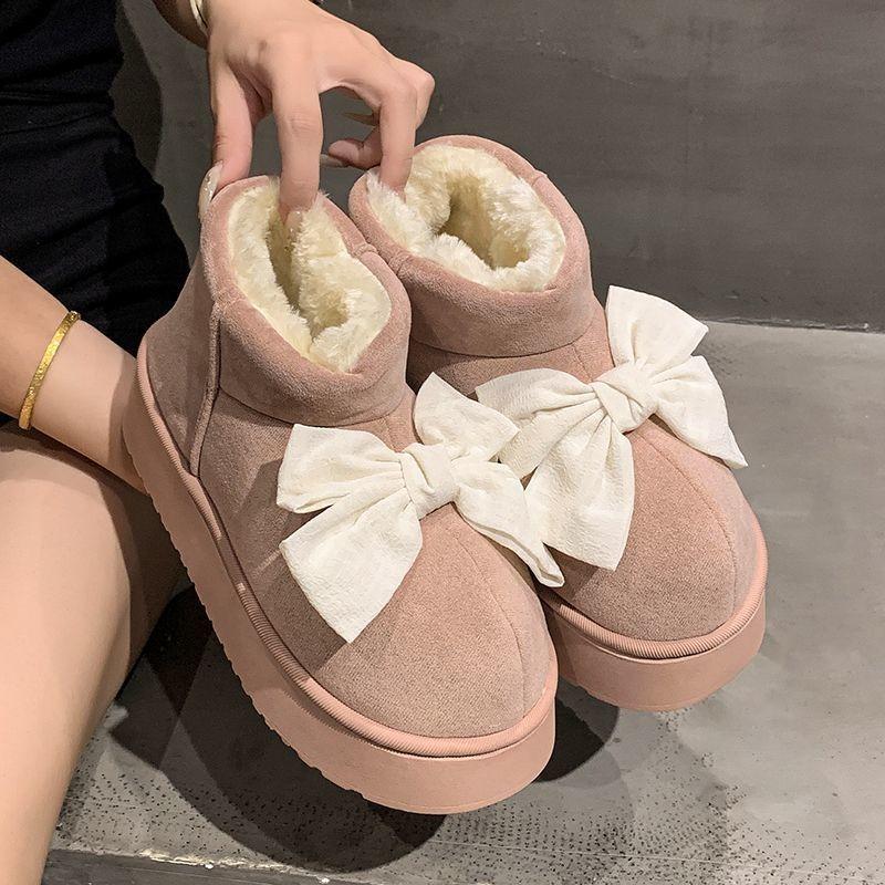 Thick-soled Bow Cotton Boots Women's Velvet Warm Home Indoor Non-slip Snow Boots Can Be Worn Outside In Winter