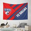 Diagonal red and blue bands, FC Dallas logo and text in bold white. Patterned tapestry for bedroom and living room home decor