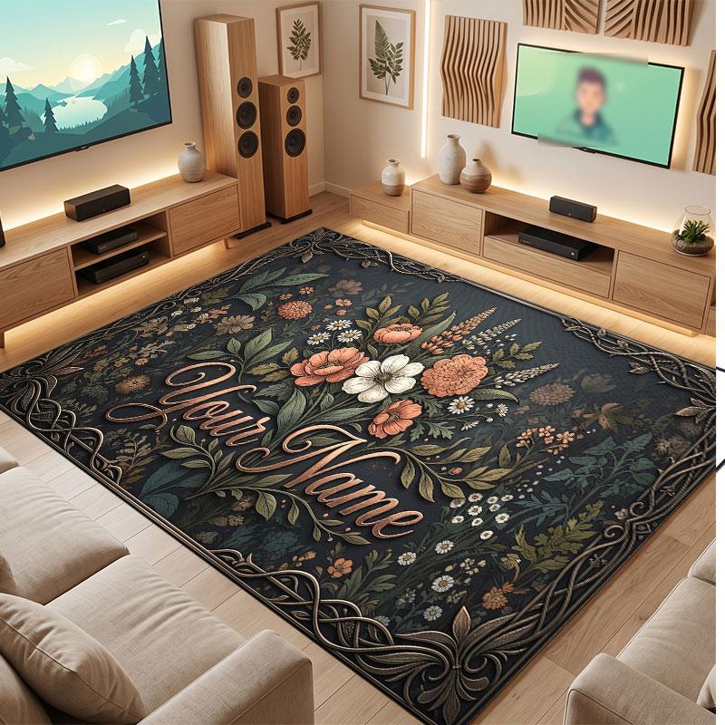 Floral Garden Theme Crystal Velvet Floor Rug Personalized Custom Name Text Warm Carpet Home Decoration