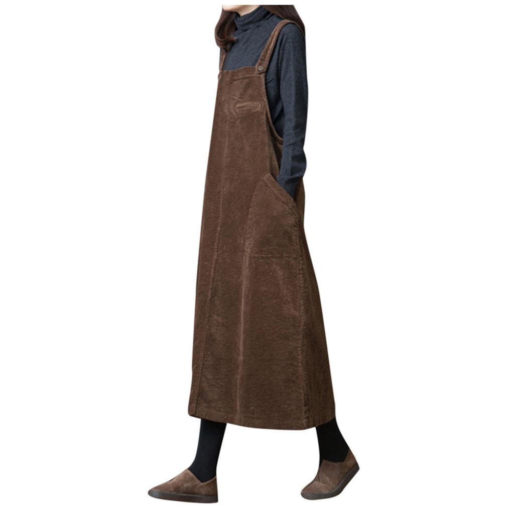 Damen Übergröße Einfarbig Große Taschen Cord Trägerkleid Lockeres Langes Kleid