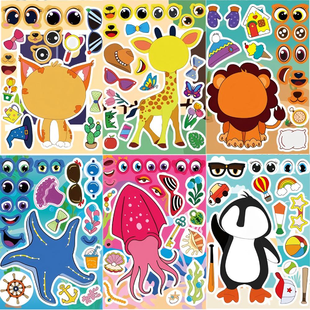6/12sheets Cute Animals Cartoon Puzzke Stickers Rabbit Giraffe Make a Face Game Sticker Funny DIY Assemble Jigsaw Toy Party Gift
