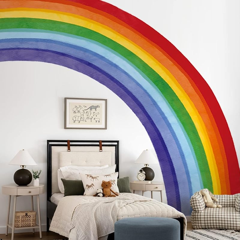 Fabric Large Rainbow Wall Decals Peel and Stick, Precut Original Hand Drawn Colorful Vigor Watercolor Full Rainbow Wall Sticker Decor for Kids