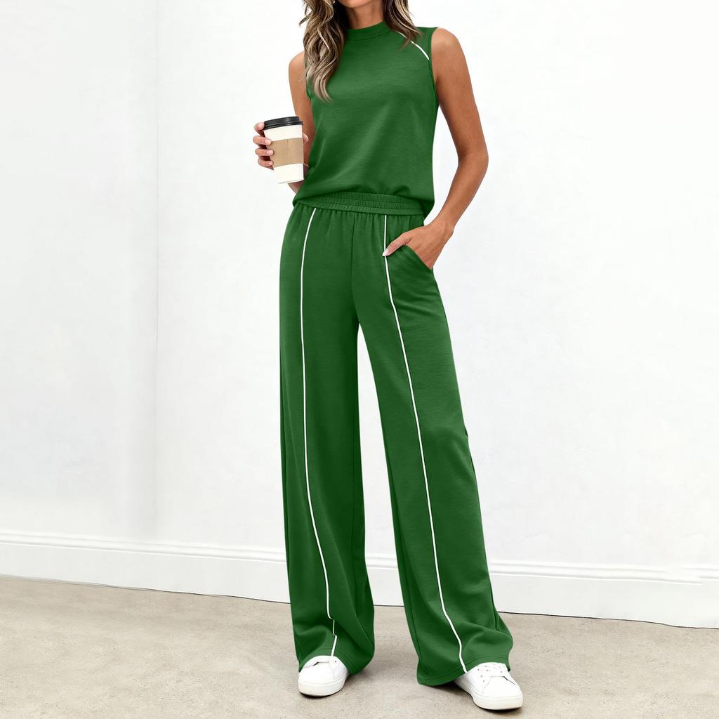 Women's Casual Fashion High-Neck Sleeveless Top And Wide-Leg Trousers Set