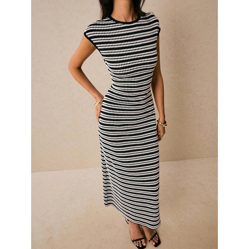 Abito estivo a righe in maglia Slim Fit Elegante da festa Casual Senza maniche Abiti da sera Eleganti 2026 Dolce per ufficio Streetwear Bodycon Abbigliamento